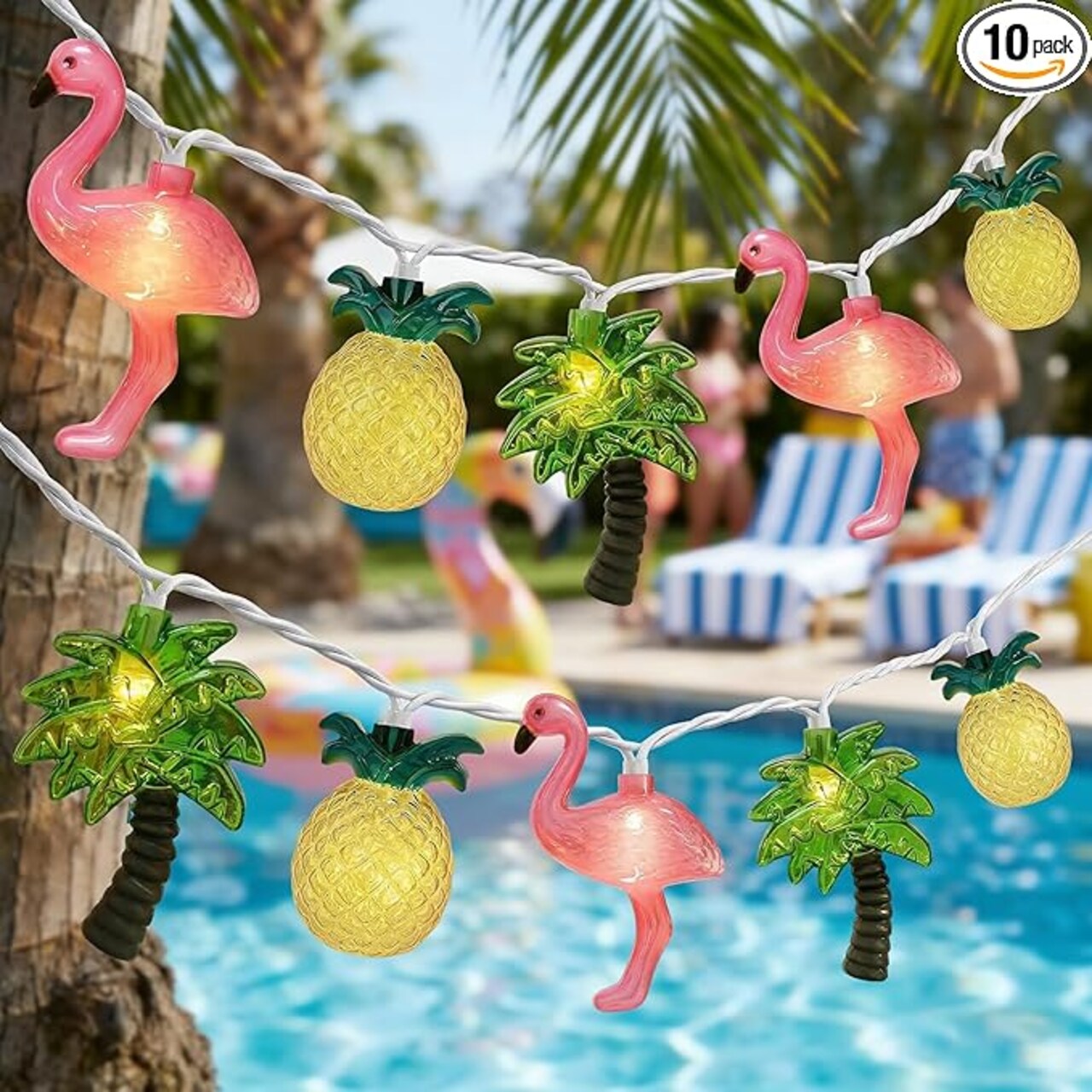 8.5ft Tropical LED String Lights - Flamingo Pineapple Palm Tree Party Decorations - Battery Operated Hawaiian Tiki Lights for Pool, Beach & Summer Bar Decor